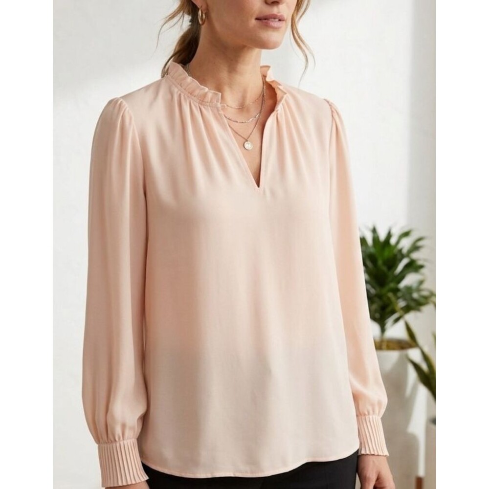 Ann Taylor Factory Romantic Chiffon Ruffle Neck Pleated Cuff Careercore Blouse L